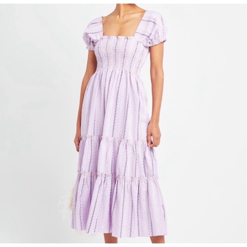 O.P.T. Purple Gingham Smocked Tiered Midi Dress Puff Sleeve Large Cottage